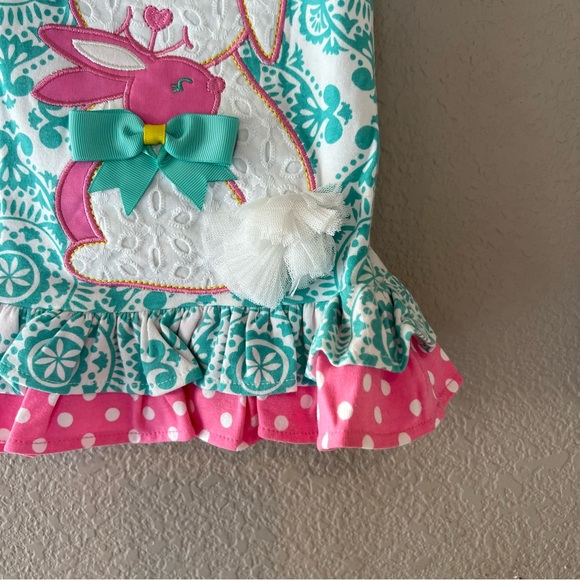 Counting Daisies Turquoise & White Paisley Easter Bunny Dress w/ Pink Ruffles! - Picture 4 of 5